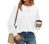 EMOTTOS Mujeres Ruched Línea Camisa, Casual Cuello Redondo con Volantes Borde Tops de Manga Larga, Blusa Suave con Dobladillo Suelto(Negro/Blanco, S-L)