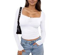 EMOTTOS Mujeres Ruched Tops, Señoras de Moda y2k Tops para Casual U Cuello Slim Fit Bow Knot Manga Larga Sólido Color Basic Blusa tee Tops, Blanco, L