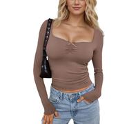 EMOTTOS Mujeres Ruched Tops, Señoras de Moda y2k Tops para Casual U Cuello Slim Fit Bow Knot Manga Larga Sólido Color Basic Blusa tee Tops, Marrón, S