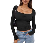 EMOTTOS Mujeres Ruched Tops, Señoras de Moda y2k Tops para Casual U Cuello Slim Fit Bow Knot Manga Larga Sólido Color Basic Blusa tee Tops, Negro, M