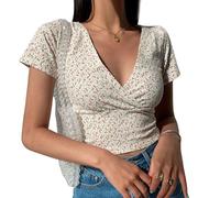 EMOTTOS Mujeres Sexy Floral Tops, Y2K Slim Fit V-Cuello Cruzado Wrap Camisas, Suave Crop Top Camisa Cuello en V Profundo, Moda Skinny Y2K tee Shirt(Black/White,S/M/L)