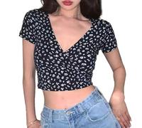 EMOTTOS Mujeres Sexy Floral Tops, Y2K Slim Fit V-Cuello Cruzado Wrap Camisas, Suave Crop Top Camisa Cuello en V Profundo, Moda Skinny Y2K tee Shirt(Black/White,S/M/L)
