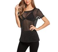 EMOTTOS Mujeres Sexy Tops de Encaje, Brillante Slim Fit Tul Transparente de Malla de Manga Corta, Cuello Redondo Ver a través de Camisas para Las Mujeres, Mujer Sexy Leotardo Clubwear(C1-Black)
