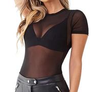 EMOTTOS Mujeres Sexy Tops de encaje, Slim Fit Tul transparente de malla de manga corta, cuello redondo ver a través de camisas para las mujeres, Mujer Sexy Leotardo Clubwear(B1-BLACK)