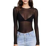 EMOTTOS Mujeres Sexy Tops de Encaje, Slim Fit Tul Transparente de Malla de Manga Larga, Cuello Redondo Ver a través de Camisas para Las Mujeres, Mujer Sexy Leotard Clubwear(B2-Black)