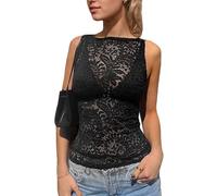 EMOTTOS Mujeres Sheer Mesh Camiseta, Sexy Eencaje Y2K Camiseta de Tirantes sin Mangas con Bordados Florales Top, Slim Fit Top con Ver A Través Clubwear para Verano Club Fiesta, Negro, L