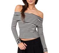 EMOTTOS Mujeres Slim Fit Crop Top, Moda Señoras Y2k Rayas Blancas y Negras de un Hombro Manga Larga Camiseta Básica Blusa Tee, Negro M