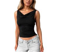 EMOTTOS Mujeres Swing Cuello Camiseta de Tirantes, sin Mangas V Cuello Camisola, Sexy Slim Fit Plisado Crop Top, sin Espalda Camiseta de Moda Flaco Partido Clubbing, Negro, M