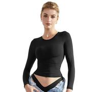 EMOTTOS Mujeres Y2K Crop Tops, Camiseta de Manga Larga Ajustada con Doble Forro, Camisa Cuello Redondo Slim Fit, Camisa Skinny Y2K Dupe tee Shirt(Negro/Gris/Marrón/Champagne, S-L)