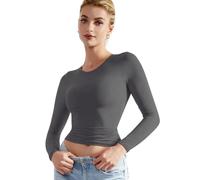 EMOTTOS Mujeres Y2K Crop Tops, Camiseta de Manga Larga Ajustada con Doble Forro, Camisa Cuello Redondo Slim Fit, Camisa Skinny Y2K Dupe tee Shirt(Negro/Gris/Marrón/Champagne, S-L)