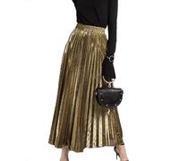 EMOTTOS Otoño Invierno Falda Larga Mujer Plisada Metálica, Falda Maxi con Cintura Alta Elástica, Estilo Tono A Elegante Brillante para Oficina, Boda y Fiesta, Oro, Talla Única