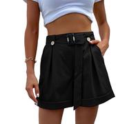 EMOTTOS Pantalones Cortos con Bolsillos Mujer, Shorts Mujer Verano Alta Cintura con Cintura Extraíble con Botones Decoración, Elegantes Pantalon Corto Pierna Ancha Casual para Mujer, Negro L