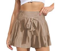 EMOTTOS Pantalones Cortos Verano Mujer, Volante Shorts Alta Cintura Con Lazo Elástica, Elegantes Pantalon Corto Pierna Ancha Casual, Albaricoque L