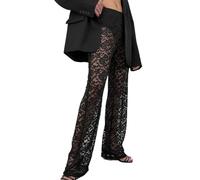 EMOTTOS Pantalones de Encaje para Mujer, Y2k Pantalones de Cintura Alta de Pierna Recta con Patrón Estampado Floral, Pantalones de Cintura Elástica de Transparentes Malla para Fiesta Club, Negro, S