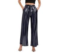EMOTTOS Pantalones Lentejuelas para Mujer, Brillante Cintura Alta Pantalones de Pierna Ancha, Pantalones de Color Holográfico con Cordón y Bolsillos Ligeros para Fiesta Club, Negro, L