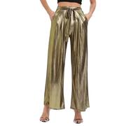 EMOTTOS Pantalones Lentejuelas para Mujer, Brillante Cintura Alta Pantalones de Pierna Ancha, Pantalones de Color Holográfico con Cordón y Bolsillos Ligeros para Fiesta Club, Dorado, M