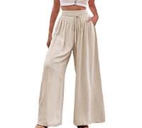 EMOTTOS Pantalones Mujer Verano, Pantalon Largos Elasticos Cintura Alta con Cordón y Bolsillos, Palazzo Pantalones Plisados Elástico Elegantes Pantalon Pierna Ancha Casual para Mujer, Albaricoque L