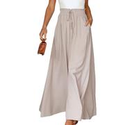 EMOTTOS Pantalones Mujer Verano, Pantalon Largos Elasticos Cintura Alta con Cordón y Bolsillos, Palazzo Pantalones Elástico, Elegantes Pantalon Pierna Ancha Casual para Mujer, Albaricoque M