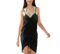 EMOTTOS Pareo de Encaje con Cuello en V para Mujer, Minivestido de Croché sin Mangas y con Tirantes Ajustables, Túnica Poncho Boho con Dobladillo Irregular, Negro, Talla única