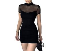 EMOTTOS Sexy Mini Vestido de Malla, Suave de Las Mujeres de Encaje Patchwork Club Bodycon Dress, Medio Cuello Alto Pullover Ruched Vestidos de Fiesta(Black-L)