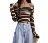 EMOTTOS Sexy Rayas de Punto Tops, Slim Fit Mujer de un Hombro Acanalado de Manga Larga, Strapless Striped Color Blocking Camisas para Mujer, Mujer Sexy Clubwear Top, Talla única