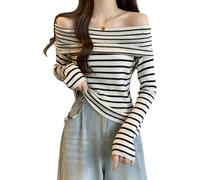 EMOTTOS Sexy Rayas de Punto Tops, Slim Fit Mujer de un Hombro Acanalado de Manga Larga, Strapless Striped Color Blocking Camisas para Mujer, Mujer Sexy Clubwear Top, Talla única