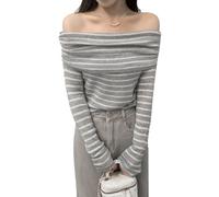 EMOTTOS Sexy Rayas de Punto Tops, Slim Fit Mujer de un Hombro Acanalado de Manga Larga, Strapless Striped Color Blocking Camisas para Mujer, Mujer Sexy Clubwear Top, Talla única