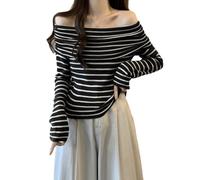 EMOTTOS Sexy Rayas de Punto Tops, Slim Fit Mujer de un Hombro Acanalado de Manga Larga, Strapless Striped Color Blocking Camisas para Mujer, Mujer Sexy Clubwear Top, Talla única