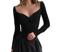 EMOTTOS Sexy Tencel Chiffon Tops, Slim Fit Mujeres Ruched Sheer Malla de Manga Larga, Cuello en V Ver a través de Camisas para Las Mujeres, Top Sexy Femenino (Negro/Blanco, S-L)