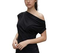 EMOTTOS Sexy Top Mujer Asimétrico con un Hombro Descubierto y Plisado, Camiseta de Manga Corta Hombros Drapeada y Ajuste Slim, Top Elegante Outfits de Diario Fiestas Verano, Negro, Talla Única
