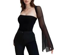 EMOTTOS Strapless Tube Top y Bolero Mujer 2 Piezas para Mujer, Y2K Frente Abierto Sheer Tops Ajustados, Party Básico de un Hombro Camiseta Tirantes Sexy Ver-a Través de Diseño de Malla, Negro, M