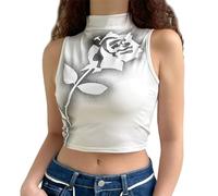EMOTTOS Tank Top Sexy Rosa Mujer- Top Corto Estampado y sin Mangas de Moda para Mujeres, Chaleco de Baile elástico para Fiestas en Clubes o Camiseta(White-L)