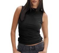 EMOTTOS Top de Encaje de Doble Capa para Mujer, Top de Malla de Verano con Cuello Redondo, Cuello Redondo Acanalado sin Mangas, Camisa de Fiesta sin Mangas con Dobladillo Slim Fit Tops(Negro-M)