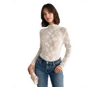 EMOTTOS Top de Malla Transparente con Cuello Simulado para Mujeres, Camiseta de Manga Larga Ajustada con Diseño de Mariposa, Blusa Transparente Sexy para Fiestas y Discotecas, Blanc, L