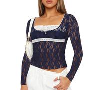 EMOTTOS Top de Tul de Manga Larga de Encaje Floral Sexy y Transparente con Cuello Cuadrado Ajustado al Cuerpo y Top Corto con Sujetador de para Salir a la Calle.(Blue-L)