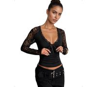 EMOTTOS Top Sexy de Encaje con Escote en V Profundo para Mujer, Tops Ajustados con Lazo Delantero Estilo Y2K, Camiseta de Manga Larga de Malla para Salir de Fiesta o IR a la Discoteca, Negro, S