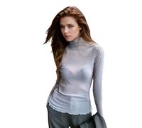 EMOTTOS Top Transparente Encaje Malla para Mujer, Sexy Spitzen Sheer Camiseta Manga Larga Y2K Cuello Alto Ajustada Slim Fit, Fiesta Outfit Party Tops Otoño Invierno, Gris Claro, Talla Única