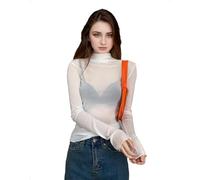 EMOTTOS Top Transparente Encaje Malla para Mujer, Sexy Spitzen Sheer Camiseta Manga Larga Y2K Cuello Alto Ajustada Slim Fit, Fiesta Outfit Party Tops Otoño Invierno, Blanco, Talla Única