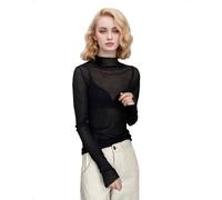 EMOTTOS Top Transparente Encaje Malla para Mujer, Sexy Spitzen Sheer Camiseta Manga Larga Y2K Cuello Alto Ajustada Slim Fit, Fiesta Outfit Party Tops Otoño Invierno, Negro, Talla Única