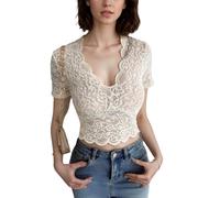 EMOTTOS Top Y2K Mujer, Tops Cortos de Encaje semitransparentes, Sexy, Manga Corta, Cuello en V, Corte Ajustado, Tejido elástico Ligero Transparente, Camiseta Informal Verano, Blanco, Tallas M