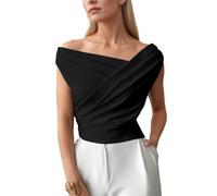 EMOTTOS Top Y2K Mujer, Tops Cortos Pliegues Cruzados, Sexy asimétrico Mangas Hombros Descubiertos Corte Ajustado, Tejido elástico Ligero Informal Mujeres Fiesta de Verano Negro, Tallas L