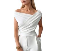 EMOTTOS Top Y2K Mujer, Tops Cortos Pliegues Cruzados, Sexy asimétrico Mangas Hombros Descubiertos Corte Ajustado, Tejido elástico Ligero Informal Mujeres Fiesta de Verano Blanco, Tallas L