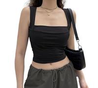 EMOTTOS Tops Acampanados de Corte bajo para Mujer, Tops de Verano con Cuello Cuadrado y Doble Volante, Camisola de Corte Ajustado sin Hombros y sin Mangas.(Negro-M)