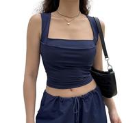 EMOTTOS Tops Acampanados de Corte bajo para Mujer, Tops de Verano con Cuello Cuadrado y Doble Volante, Camisola de Corte Ajustado sin Hombros y sin Mangas.(Azul-M)