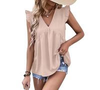 EMOTTOS Tops con Volantes de Verano para Mujer, Tops Casuales con Cuello en V y Mangas con Volantes, Chaleco con Dobladillo Acanalado y Cuello Redondo Suelto(Albaricoque-M)