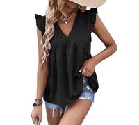 EMOTTOS Tops con Volantes de Verano para Mujer, Tops Casuales con Cuello en V y Mangas con Volantes, Chaleco con Dobladillo Acanalado y Cuello Redondo Suelto(Negro-L)