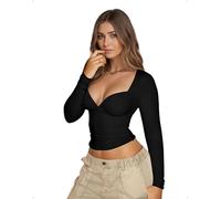 EMOTTOS Tops Cortos con Cuello Corazón para Mujer, Camisetas Y2K Sexys con Corte en la Manga Larga y Corte Ajustado, Camisetas Ajustadas para Mujer Discoteca, Negro, S