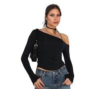 EMOTTOS Tops Cortos Y2K Mujer, Camisetas asimétricas con Escote asimétrico y Aberturas a Ambos Lados de la Cintura, Top Ajustado Manga Larga Tirantes elásticos, Camiseta elástica, Negro, M
