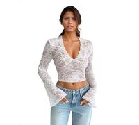 EMOTTOS Tops Cortos Y2K Mujer, Top Sexy Semitransparente Encaje Floral y Malla, Manga Larga Acampanada Aberturas, Corte Ajustado, Escote en V, Camiseta elástica, Blanco, Talla única