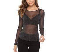 EMOTTOS Tops de Encaje Sexy de Las Mujeres, Brillante Slim Fit Malla de Tul Ver a través de Manga Larga, Cuello Redondo Ver a través de Camisas para Las Mujeres, Mujer Sexy Clubwear(C2-Black)